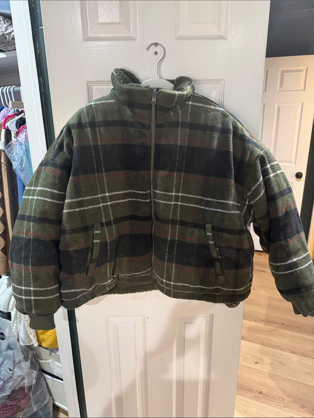 American Eagle Outfitters Olive and Black Plaid Puffer Jacket